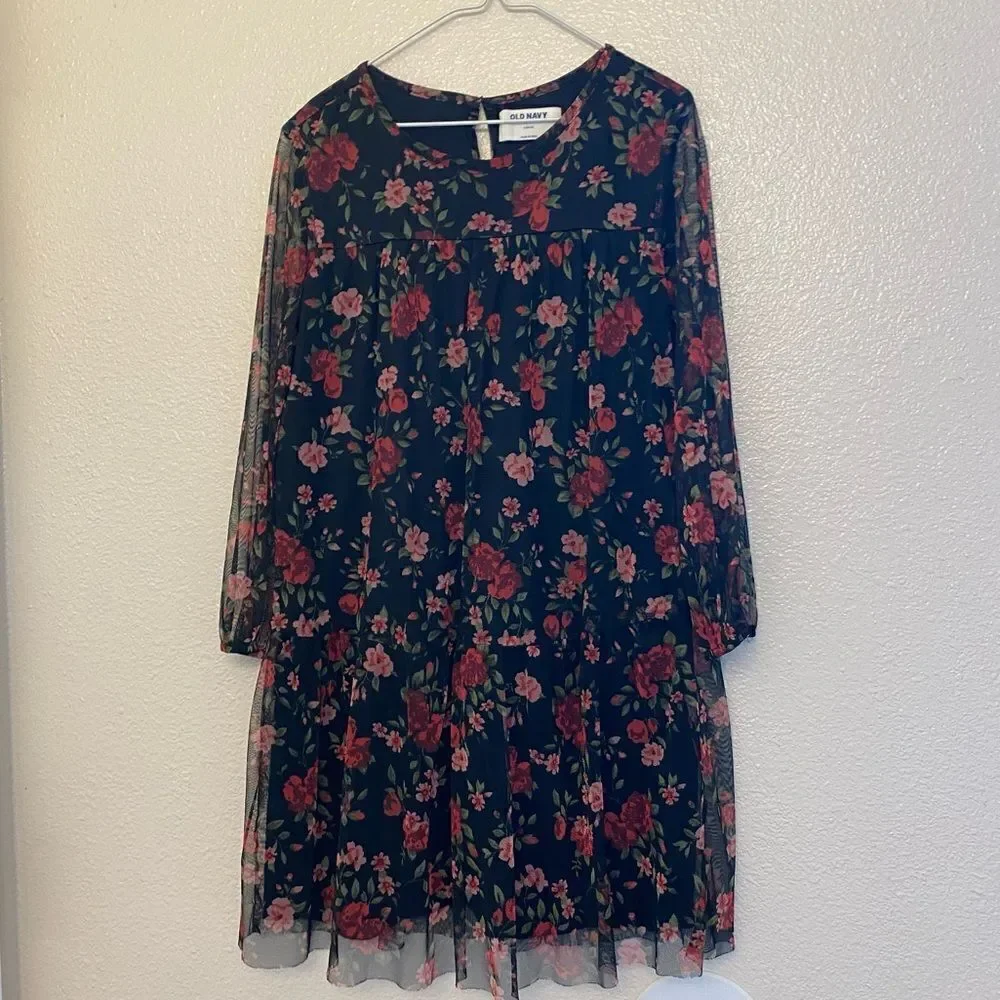 Old Navy long Sleeve stretch soft mesh Tiered Tulle Dress black floral L 10-12